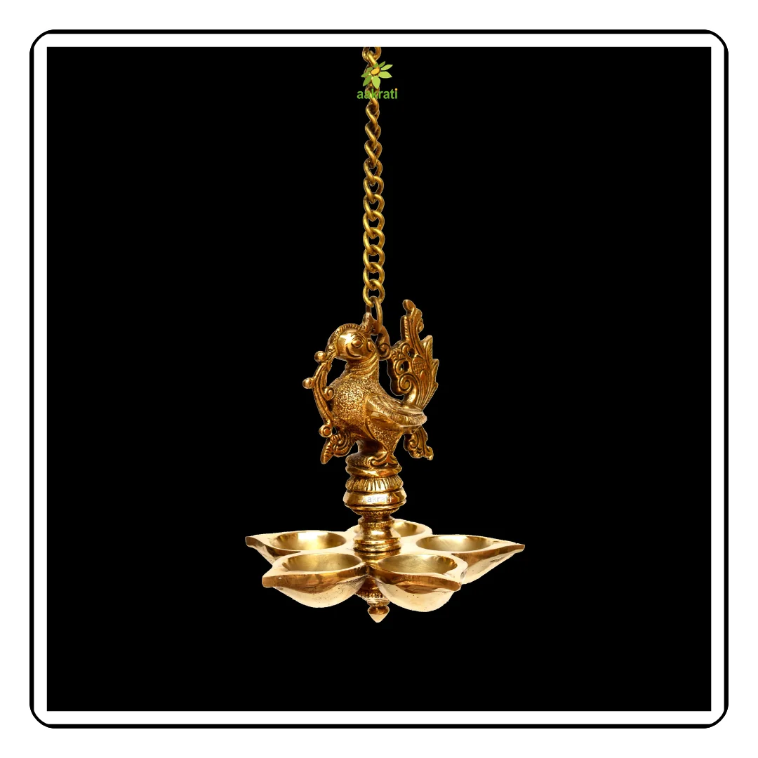 Brass Hanging Peacock 3/4 View Dark Background