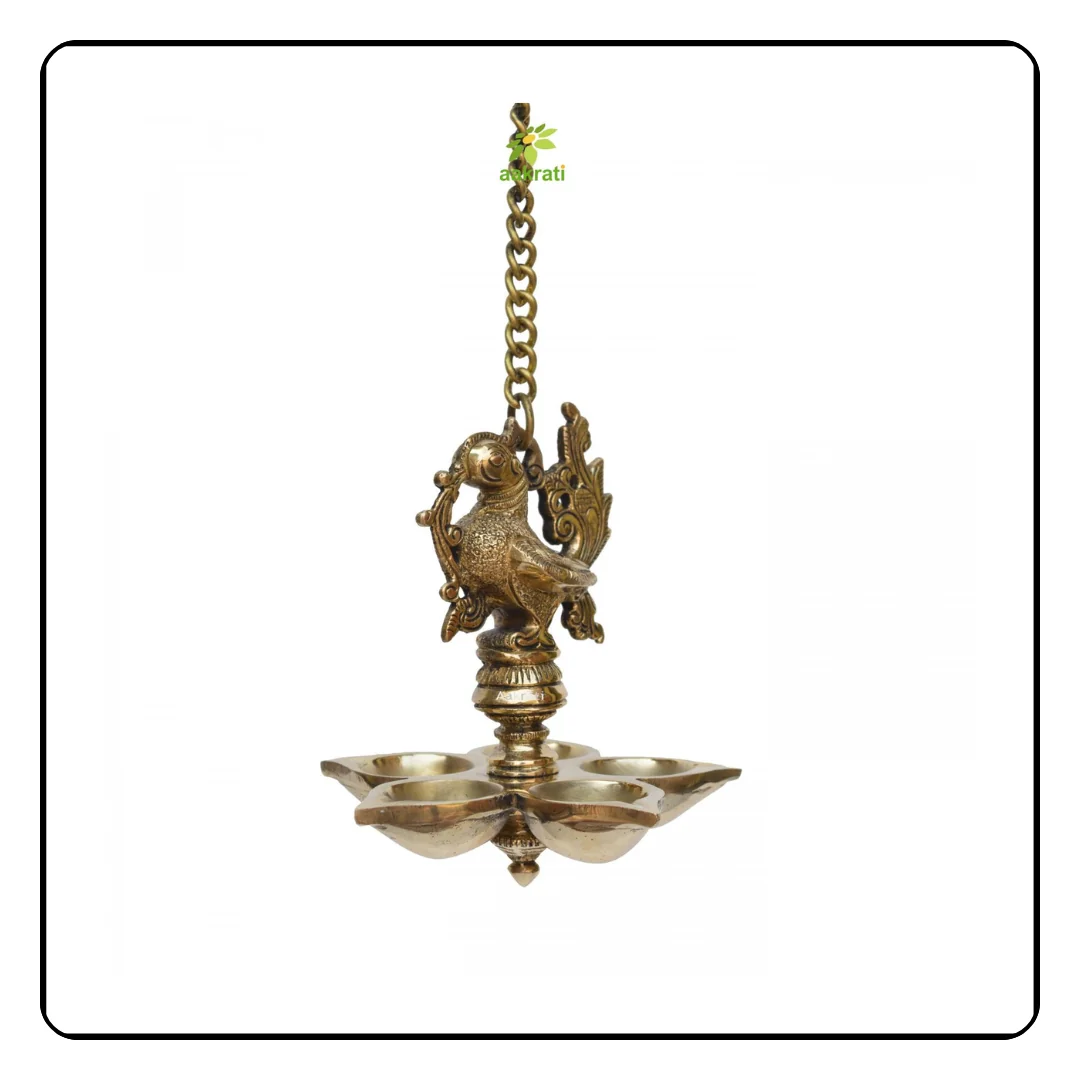 Brass Hanging Peacock 3/4 View Dark Background