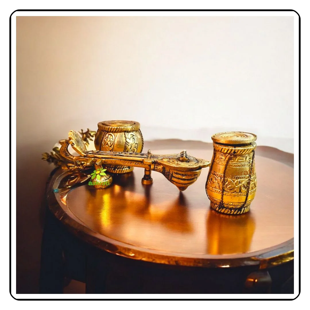Brass Sitar & Tabla Set on coffee table