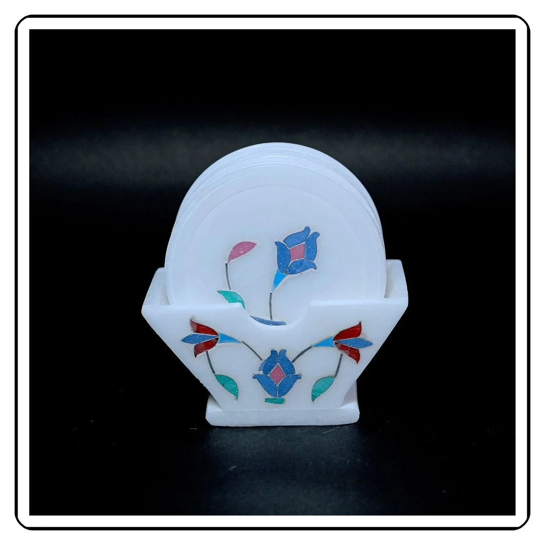 Elegant white marble coaster featuring intricate blue flower patterns