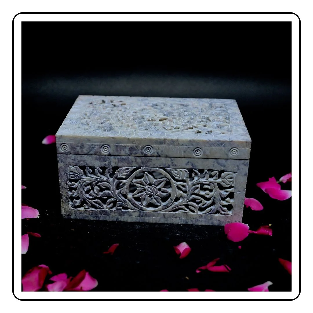 Decorative soapstone box in hexagonal shape – perfect for home decor or storage.