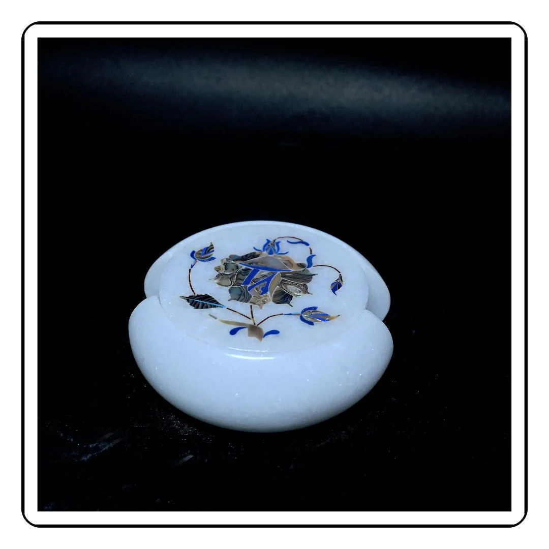 Traditional blue inlay design on real white marble – elegant tabletop coaster.